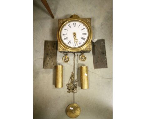 Brass wall clock with pulleys & weights, enamel dial, bell to the top and Fleur De Lys decoration