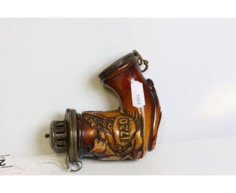A meerschaum pipe with wolf and house decoration, the carved bowl dated 1720, approximately 11cm by 11cm
