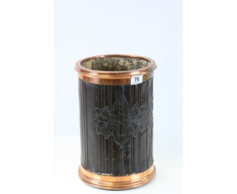 Copper and Tooled Leather Stick Stand with embossed relief decoration