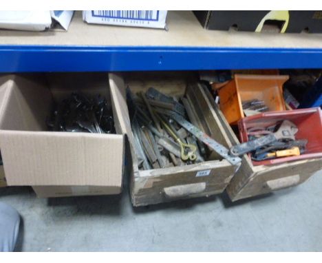 Two Wooden Drawers with Various Old Tools and a Box of Spanners