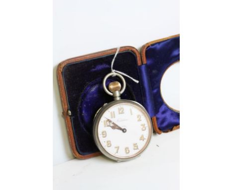 A chrome plated Goliath 8 day pocket watch in leather covered case, white enamel dial, luminous Arabic numerals, poker and pe