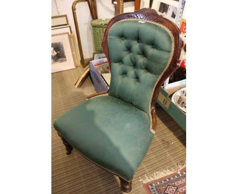 Victorian show wood framed green damask upholstered button backed nursing style chair.