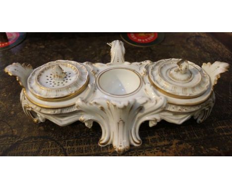 A 19th century Royal Porcelain Factory, Berlin (KPM) porcelain standish, moulded acanthus leaf design, gilded highlights, hav