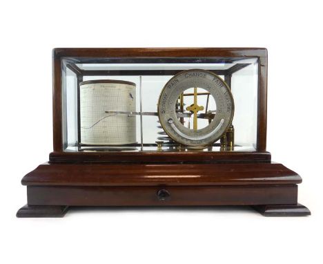 A Negretti and Zambra barograph incorporating a barometer and semi-circular thermometer, with eight tubes, within a mahogany 