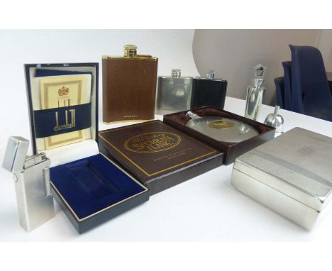 A Garrard gold plated hip flask, a cased Dunhill lighter, a cigarette box and a group of related items