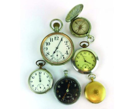 A base metal cased 'Goliath' pocket watch, a gold plated fob watch, three open faced pocket watches and a compass (6) CONDITI