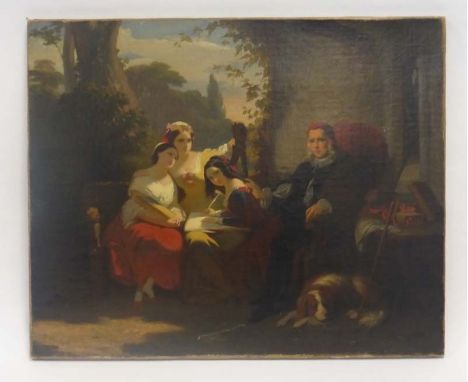19th century English School,a family portrait of Milton and his daughters, unsigned,oil on canvas,48 x 59 cm   CONDITION REPO