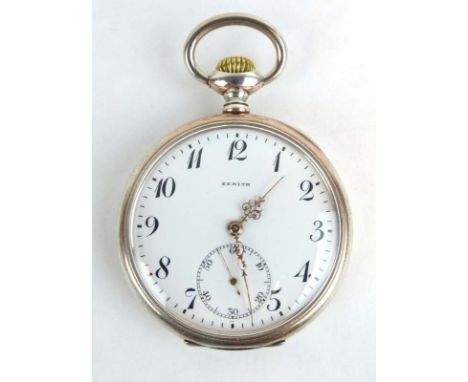 An early 20th century silver cased open face pocket watch by Zenith, the white enamel dial with black Arabic numerals and sec