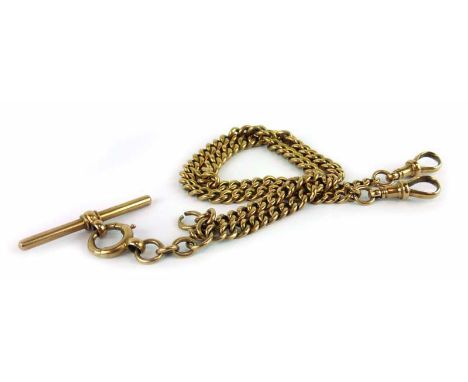 A 9ct yellow gold double Albert watch chain with t-bar and two lobster clasps, 33.2 gms CONDITION REPORT: Overall length 42 c