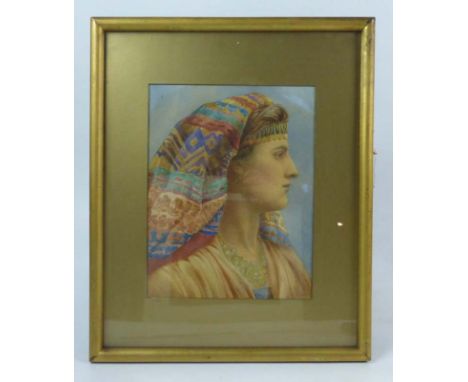 Early 20th Century School,a head and shoulders portrait of a lady wearing a headscarf,unsigned,watercolour,35 x 26 cm   CONDI