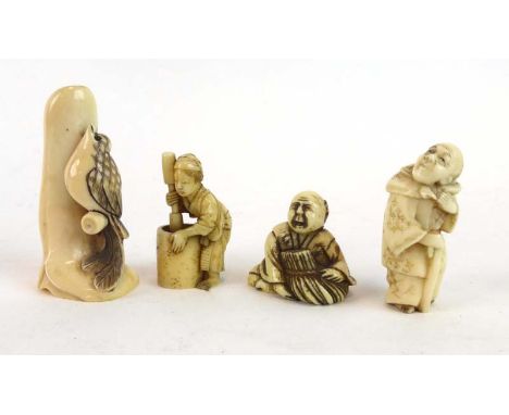 A Meiji carved ivory netsuke modelled as a resting song bird, signed, h. 5.5 cm, together with three further netsuke (4)