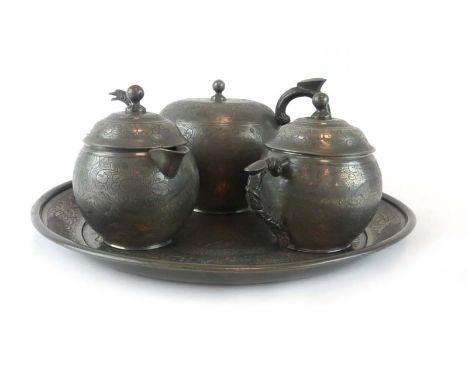 A four piece Chinese pewter tea service by Kut Hing Pewter, Swaton CONDITION REPORT: Some minor dents and wear