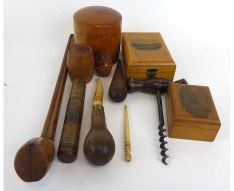 A group of 19th century and later treen including a folding pipe holder, a string/cotton holder, two boxes printed with seasc