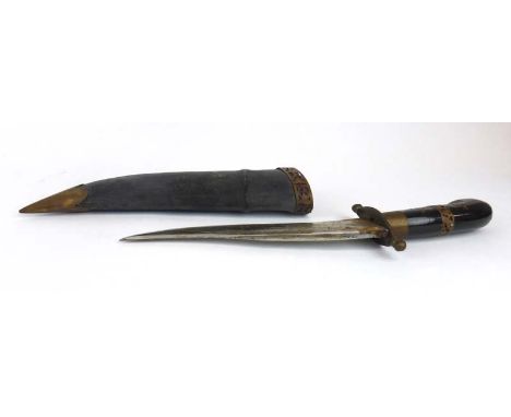 An early 20th century Indian dagger with a horn handle and a leather scabbard   CONDITION REPORT:  Wear and knocks to handle,