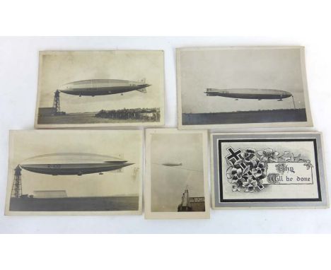 Four postcards depicting the R.101, R-100 and R33 together with a photograph of an airship and a memorial leaflet relating to