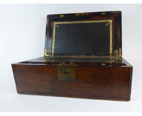 A late 19th century walnut and brass bound writing slope with a presentation plaque 'G.O.J. From T and M. April 13th 1914', w