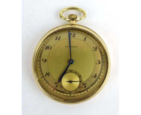 An early 20th century 14ct yellow gold open faced dress pocket watch by Movado, the circular gold coloured dial with black Ar