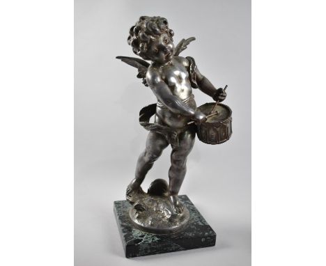 A French Spelter Table Lamp Base after Moreau, Cherub with Drum, Lost Rear Bulb Support and Mounted on Later Marble Plinth, 3