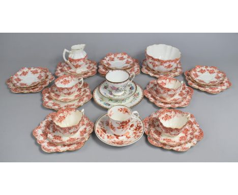 An Edwardian Reeded Iron Red Floral Transfer Printed Tea Set with Gilt Trim in the Wileman Manner to comprise Four Cups, Ten 