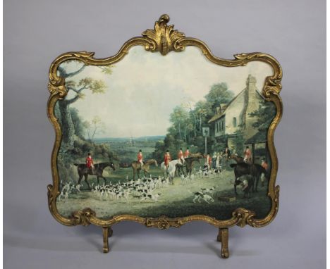A Mid 20th Century Gilt Framed Fire Screen decorated with Hunt Meet Outside Pub, 74cms Wide 