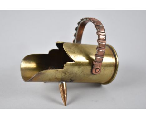 A Trench Art Copper and Brass Model of a Helmet Shaped Coal Scuttle, Body Formed From Brass Shell case Dated 1915, 10cms Long
