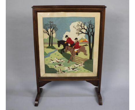 A Mahogany Framed Fire Screen Decorated with Stitched Felt Hunting Scene, 56cms Wide 