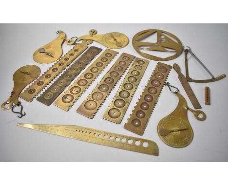 A Collection of Various Vintage Brass Catheter Gauges, Postage Letter Scales, Drawing Compasses Etc 
