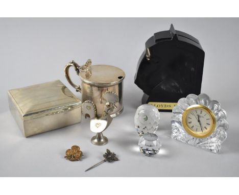 A Collection of Sundries to Include Silver Plated Mustard Pot and Cigarette Box, Lloyds Money Bank, Waterford Crystal Mantle 