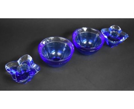 Four Pieces of Orrefors Blue Glass to Comprise Two Bowls with Lipped Rims together with Two Petal Shaped Tealight Holders 