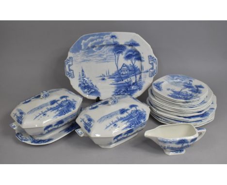 An Art Deco Blue and White Transfer Printed Paisley Dinner Service to comprise Two Lidded Tureens, Meat Plate, Side Plate Etc