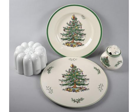 Three Pieces of Spode Christmas Tree China to Comprise Cake Plate, Plate and Lidded Pot Together with a Shelley Jelly Mould 