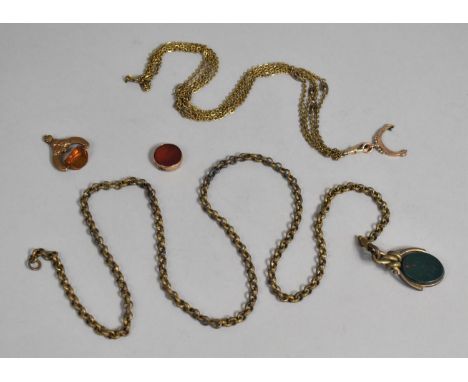 A Collection of Various Necklace Chains, Watch Chain and Fob, Amber Triangular Fob, Bloodstone Fob 