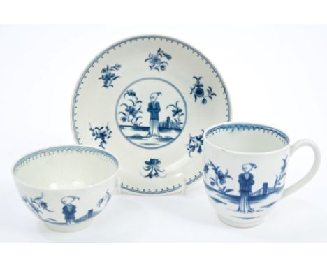 18th century Worcester blue and white 'Waiting Chinaman' pattern trio - blue crescent marks