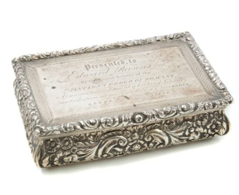 Fine quality George IV silver table snuff box of rectangular form, with rococo shell and floral decoration and engine-turned 