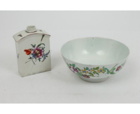 18th century polychrome painted bowl with floral decoration, possibly Bow 15.5cm and similar tea caddy of domed rectangular b