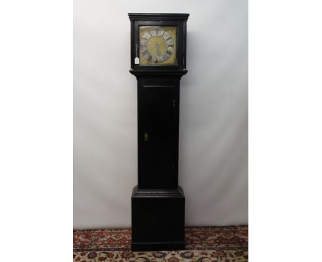 Good early 18th century longcase clock with thirty hour movement, 11 inch brass dial with foliate and face mask spandrels, ma