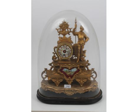 19th century French mantel clock with eight day timepiece movement, maroon enamel dial with central floral decoration, Roman 