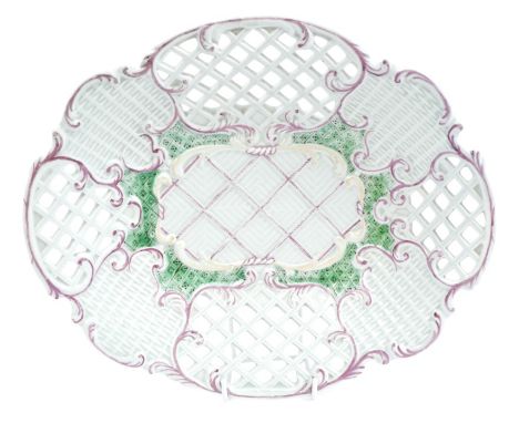 Rare mid-18th century Worcester pierced dish with moulded basket-weave decoration, ex-Zorensky Collection, with label, 26.5cm