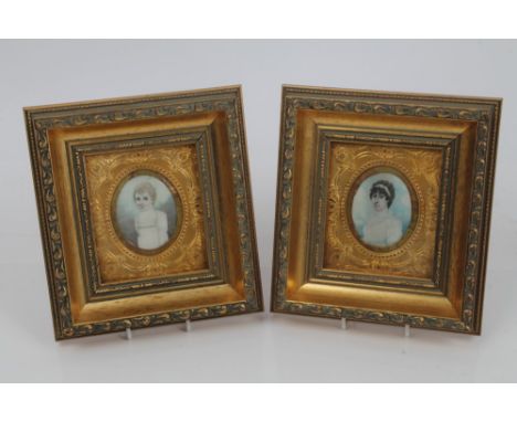 Pair early 19th century English School oval portrait miniatures on ivory - mother and child, in ornate gilt mounts and later 