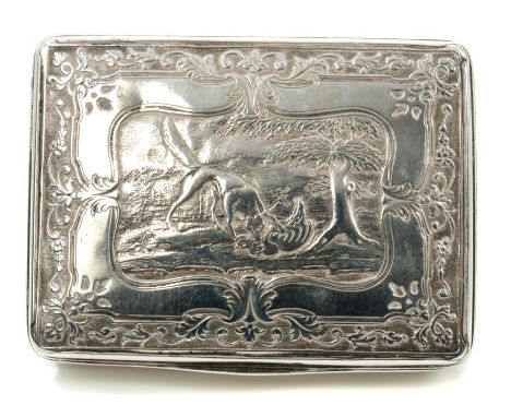 Late 18th / early 19th century Continental white metal snuff box of rectangular form, with hinged domed cover embossed with a