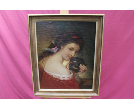 Late 19th century German School oil on canvas - portrait of a lady with a devilish mask, indistinctly signed, inscribed Munch