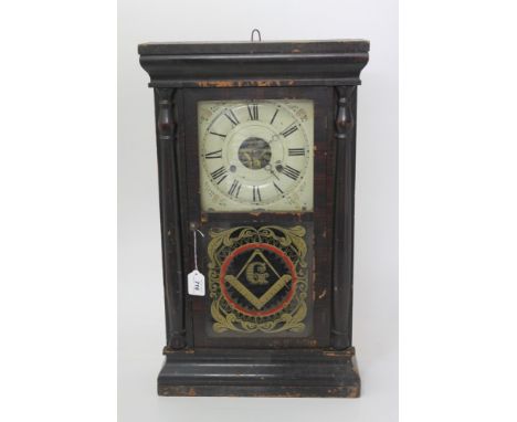 Late 19th century Seth Thomas, American wall clock striking on a gong, signed - S. Thomas Plymouth Conn., white enamel dial w