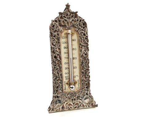 Victorian silver mounted desk thermometer with pierced foliate decoration and two inset silver fourpenny pieces, bone Fahrenh