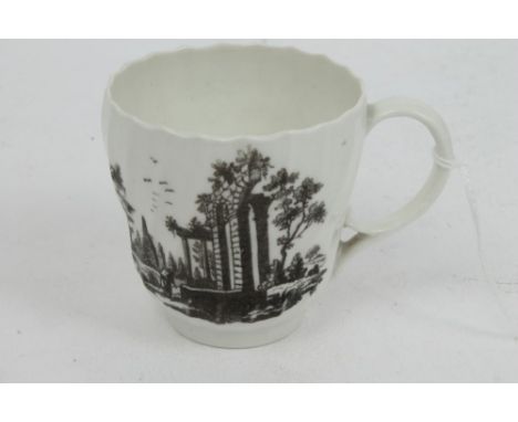 18th century Worcester Hancock black printed coffee cup with spiral fluting and classical ruin decoration
