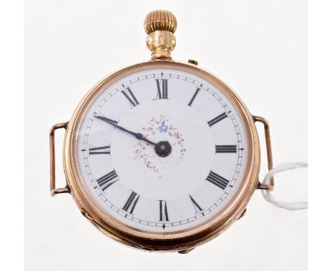 Early 20th century ladies' gold cased wristwatch with enamel dial, Swiss button-wind movement in engraved gold case, stamped 
