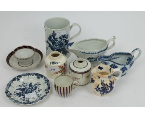 Collection of 18th century English ceramics including two creamware circular tea caddies, Worcester sauceboat, tankard etc (1