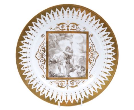 Good quality early 19th century Continental - probably Paris porcelain plate printed en grisaille with Neptune with attendant
