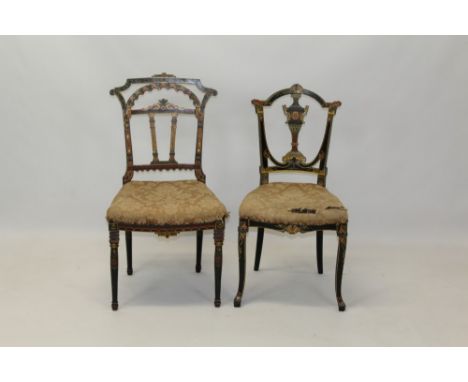 Two very unusual mid-19th century black lacquer gilt and polychrome painted salon chairs, each with architectural framework a