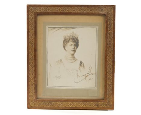 HM Queen Mary - signed Royal presentation portrait photograph by Vandyk of Her Majesty wearing a diamond tiara and diamond ne