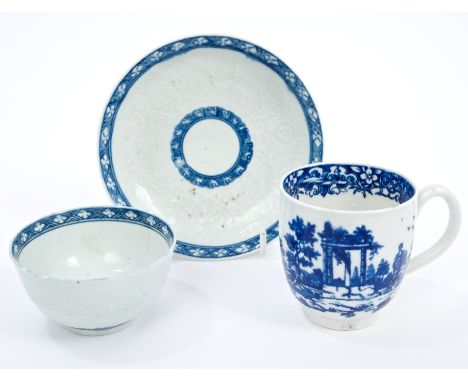 18th century Worcester blue and white tea bowl and saucer with moulded floral decoration and hatched borders, circa 1758
